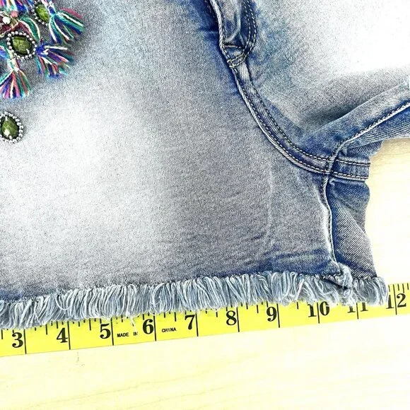 Chelsea & Violet Stretch Blue Denim Shorts Size 30 Fringed Cut off Beads Tassels - Picture 10 of 10